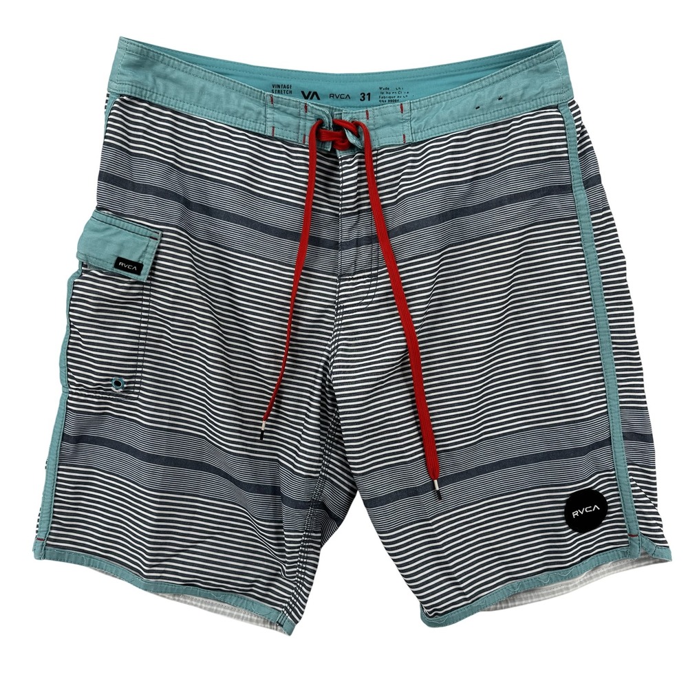 RVCA‎ Board Shorts Mens 31 Blue White Striped Vintage Stretch Swim Trunks Surf